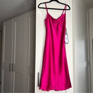 NWT bebe Satin V-Neck Ruched Bust Slip Midi Dress in Hot Pink small